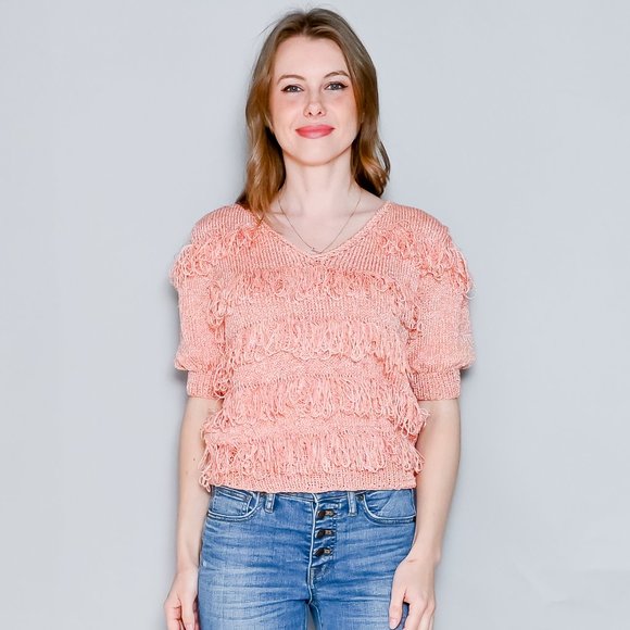VINTAGE Loopy Fringe Knit Peachy Pink Sweater Top 50s 60s XS/S - Picture 7 of 7